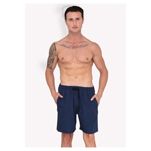 Ensemble chemise et short d'été pour homme en lin bleu marine, coupe décontractée, manches courtes - Product Image 1