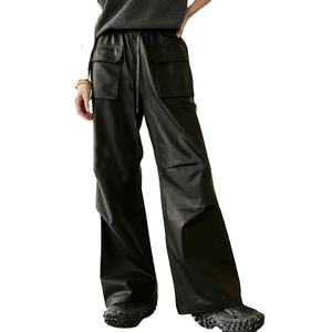Pantalon en cuir véritable pour femme, coupe droite, en peau de mouton, style cargo, noir, élégant, printemps-automne - Product Image 1