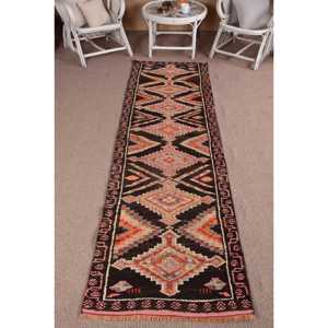Turkish Runner Rug 2.7x9.6 ft, <b>Brown</b> Pink Camouflage Rug <b>Wool</b> - Product Image 1
