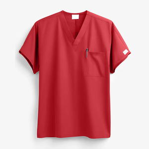 Blouse médicale rouge à col en V unisexe, uniforme d'hôpital, tissu tissé en coton et polyester avec poche pour le personnel médical - Product Image 1