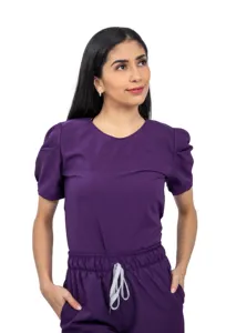 Women Antifluid Purple Scrub Set With Round Neck Top And Stretch Jogger Pants Cargo Pockets Custom