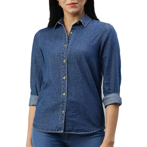 Chemise boutonnée en jean à carreaux décontractée pour femme, couture soignée, ourlet arrondi, respirante, évacuant l'humidité, tissu écologique, confort hivernal - Product Image 1