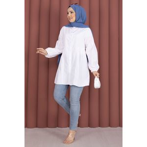 Camisa Túnica Informal Blanca de Popelina con Cuello con Volantes y Detalle de Cintura Fruncida, Corte Holgado para Mujer, Tallas XS-XL, para Primavera y Otoño - Product Image 4