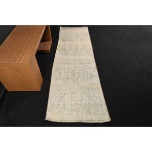 Tapis moderne en laine beige 2,3x7,7 pieds Tapis de salon turc à tissage plat et motif patchwork pour la décoration des adolescents - Product Image 1