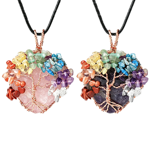 Collier pendentif en pierres naturelles <span class=keywords><strong>CSJA</strong></span> pour femme G755, nouveau, enroulé de fil, arbre de vie, améthyste, quartz rose, guérison Reiki, cadeau cœur d'amour - Product Image 1
