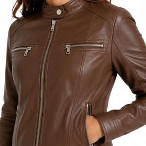 Blouson moto en cuir véritable pour femme SANDRA TRADERS, col montant, manches longues, fermeture éclair, mode hiver, marron, séchage rapide - Product Image 4