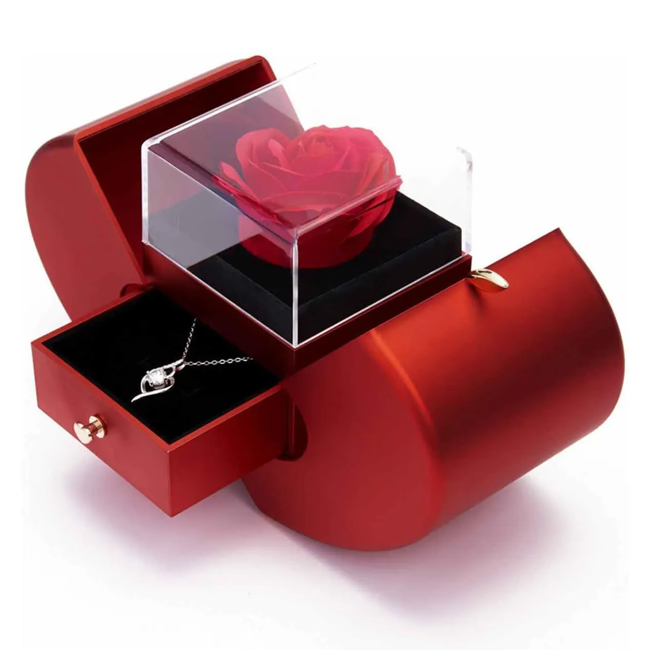 Caja de anillo de puerta doble de San Valentín Single Infinity Forever Rose Apple Shaped Single Preserved Eternal Flower Jewelry Box