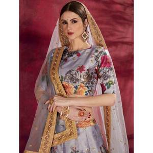 Floral Grey Banglori Silk Lehenga Choli Wedding Apparel with Elegant Floral <b>Print</b> - Product Image 3