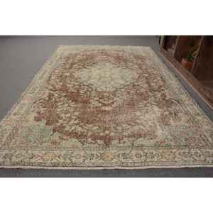 Alfombra turca vintage de 5,2x8,2 pies, hecha a mano, marrón, azul, diseño de retazos, lana, poliéster, Material látex, Tabriz, pasillo Rectangular - Product Image 2