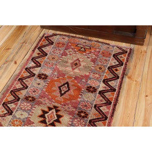 2.8x10.2 ft Rug, Vintage Turkish Rug, Red <b>Brown</b> Polka dot <b>Wool</b> Rug - Product Image 5