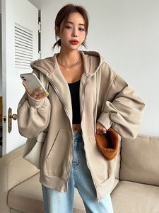 Beige de gran tamaño Zip Up Hoodie mujer Drop Shoulder Loose Fit Heavyweight algodón Sudadera con capucha Casual Streetwear chaqueta - Product Image 4