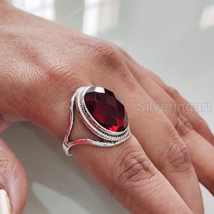 แหวนสำหรับผู้หญิงแหวนโกเมนลายตารางธรรมชาติพลอยโกเมน January birthary designer แฮนด์เมดตะวันออกเครื่องประดับ925แหวนเงินสเตอร์ลิง - Product Image 3