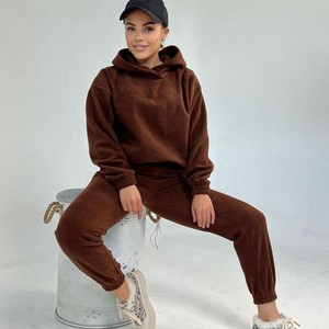 Winter Women <b>Plain</b> <b>Tracksuits</b> Casual Two Piece Crop Top Hoodies and Pants Set Fleece Custom Blank <b>Tracksuit</b> for Women - Product Image 6