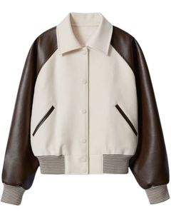 Veste universitaire pour homme, corps en laine, manches en cuir marron, boutons sur le devant, ourlet côtelé, veste bomber classique de style universitaire - Product Image 1