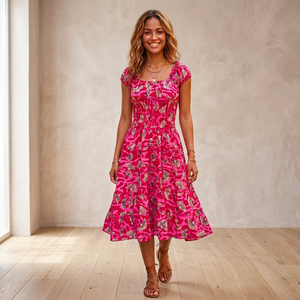 Robe midi d'été Y2K bohème à imprimé floral, col carré, manches courtes, coupe trapèze, en coton tissé, taille élastique, écologique et respirante - Product Image 3