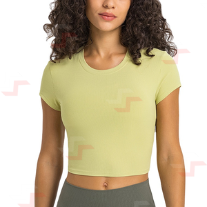 Venta al por mayor verano recortado camisetas para mujeres Casual estilo Retro Vintage moda elemento en blanco Color sólido cuello redondo manga corta - Product Image 1