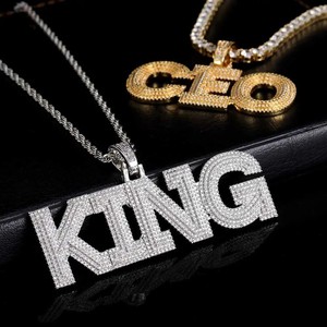 Pendentif Hip Hop KING en argent sterling 925, entièrement pavé de micro-diamants, luxueux, glacé, avec lettres, diamant rond cultivé - Product Image 1