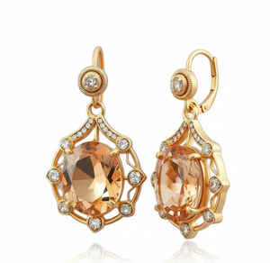 Boucles d'oreilles en argent sterling 925 plaqué or 18 carats avec pierre ovale champagne, bijoux de déclaration, cadeau pour elle - Product Image 5