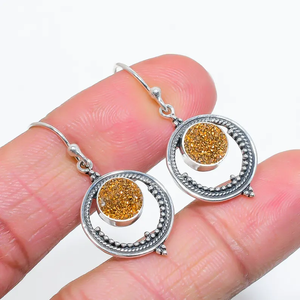 Boucles d'oreilles pendantes artisanales en argent sterling 925 pour femme, avec agate dorée en titane et pierres précieuses Drusy, design chrétien, qualité AAA IGI - Product Image 3