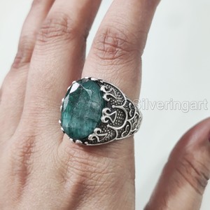 Anillo de Plata de Ley 925 para Hombre al por Mayor con Esmeralda Natural y Corindón, Gema del Mes de Mayo, Todos los Tamaños, Joyería Gitana de Navidad - Product Image 2