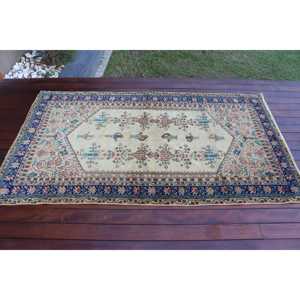 Alfombra Turca Vintage, Alfombra de Lana Azul Camuflaje de 3.7x6.6 pies - Product Image 3