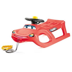 Slitta Sterzante Zigi-Zet - a Forma di Auto, con Slitte in Acciaio e Corda - con Volante e Clacson - Product Image 1