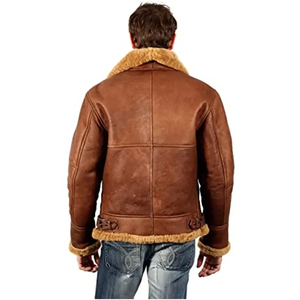 Men Shearling Aviator Pilot Bomber <b>Fur</b> Leather Jacket Long Sleeve Bomber Jacket - Product Image 4