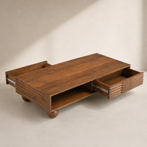 Mesa de Centro de Madera de Mango Sólida con Mosaico y Cajón, Diseño Acanalado, Moderna, para Sala de Estar, Muebles Personalizados de la India - Product Image 4