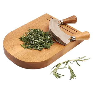 Rocker Mincing Mezzaluna Knife Acacia Wooden Curved Round Cutting Board Herb Board Salad Chopper