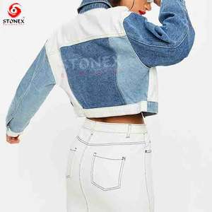 Custom Brand <b>Cropped</b> Color Block <b>Jean</b> Jacket <b>Women</b> Ladies Casual Denim Tops Contrast Patchwork XL Size Cotton Filled Wholesale - Product Image 2