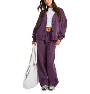 Conjunto Deportivo de 2 Piezas con Botones, Costura Personalizada de Fábrica, del Mismo Color, Manga Larga, Estilo Holgado, Transpirable, de Algodón - Product Image 1