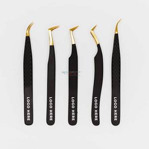 Pince à épiler en acier inoxydable à pointe en fibre 45 75 90 degrés noir or Pince à épiler extension de cils de marque privée - Product Image 1