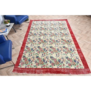 พรมวินเทจขนาดใหญ่ 6.4x9.5 ฟุต พรมตุรกี พรมขนสัตว์สีแดงลายปะติด - Product Image 4