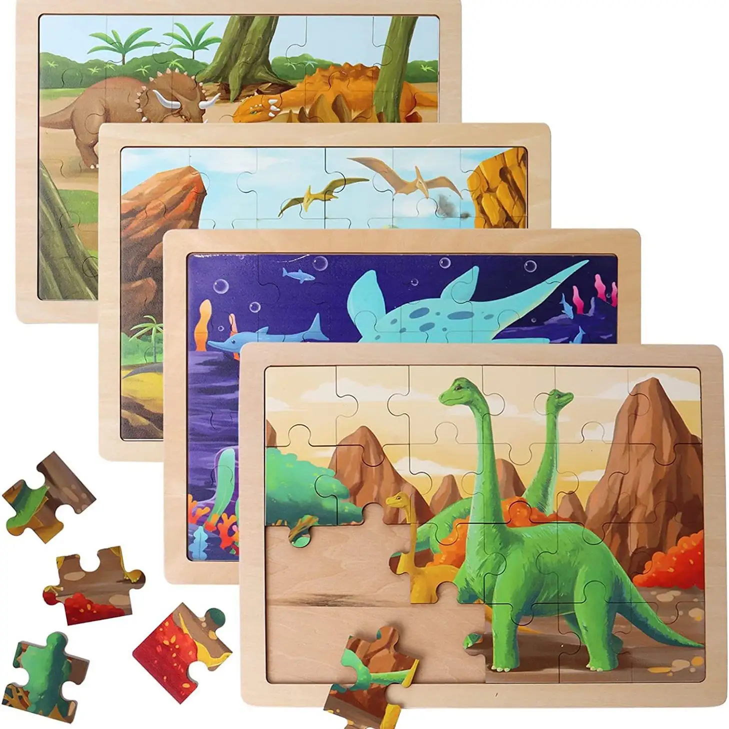 24 buah mainan papan teka-teki Jigsaw kayu lapis dinosaurus hewan Montessori kayu kartun edukasi untuk anak bayi laki-laki dan perempuan