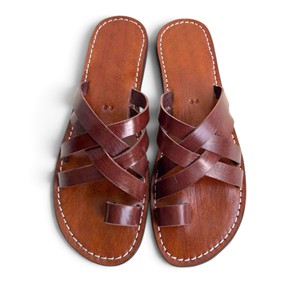 Sandales plates décontractées d'été pour femmes en cuir véritable marron faites à la main avec lanières croisées - Product Image 2