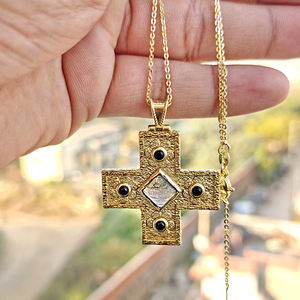 Boho style gemstone necklace cabochon labradorite <b>with</b> black cz charms pendant 18k gold plated handmade <b>cross</b> jewelry necklace - Product Image 5