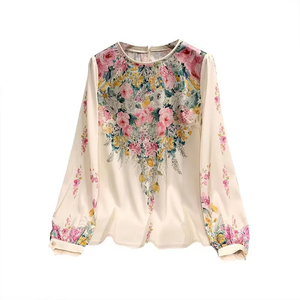 Tops holgados florales de oficina para mujer, camisa holgada de manga farol con cuello redondo y estampado de alta calidad, camisa de manga larga informal - Product Image 3