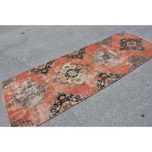 Tapis en laine turque vintage 3.3x9.2 pieds Orange Beige Patchwork Design pour salon couloir grand tapis de tissage pour les adolescents - Product Image 2