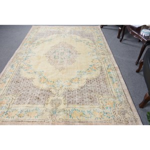 Alfombra turca clásica Vintage de 6,2x9,3 pies, respaldo de látex de lana Beige, Patchwork Rectangular para sala de estar, pasillo, felpa de 10mm - Product Image 1