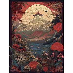 Impresión artística de paisaje japonés con flores botánicas - Product Image 1