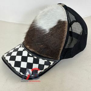 Casquette de camionneur en cuir de vache, bord à carreaux noir et blanc, dos en maille, style western, snapback unisexe, casquette de baseball réglable - Product Image 1