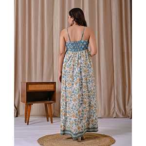 Vestido de Algodón Estampado en Bloques Azul y Blanco con Tirantes Finos, Diseño Elegante y Casual de Boutique, Talla Única, Transpirable, Cintura Natural - Product Image 4