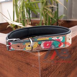 100% Natural Hair on Metallic Cowhide Branded Dog Collar Hand Tooled Western <b>Padded</b> Collar Engraved Genuine Leather Pet Collar - Product Image 1
