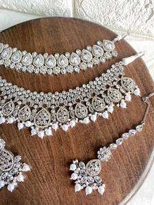 Premium Classique En Acier Inoxydable Argent Plaqué Kundan Mode Ensemble Collier De Mariée Boucles D'oreilles Tikka Long Mala pour Anniversaire - Product Image 4