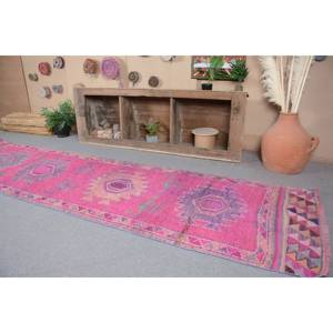 Tapis Turc Vintage Grand 3.1 X 11.2ft Rose Violet Laine avec Motif Abstrait Patchwork Design pour Couloir Chambre Latex Soutenu - Product Image 4