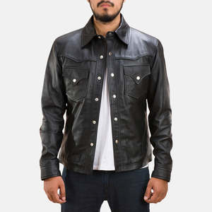 เสื้อเชิ้ตหนังลำลองทรงเข้ารูปสีดำสำหรับผู้ชาย-Ranchson - Product Image 1