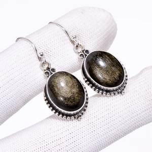 Golden Sheen Obsidian Drop <b>Earrings</b> 925 Sterling Silver Handmade Designer Gemstone <b>Dangle</b> Jewelry Gift - Product Image 6