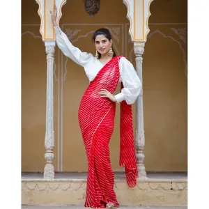 Sari Ligero con Adornos Rojo Rosa para Mujer, Estilo Leheriya, para Fiestas - Product Image 2