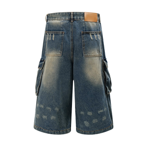 Fabricants de vêtements pakistanais Short en jean personnalisé ample avec poches délavées pour hommes Long short en maille denim cargo - Product Image 2