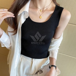 เสื้อกล้ามถักสีชมพูสำหรับผู้หญิง คอกลม สีพื้น ลำลอง แขนกุด ทรงเข้ารูป ความยาวปกติ เสื้อฤดูร้อน - Product Image 4